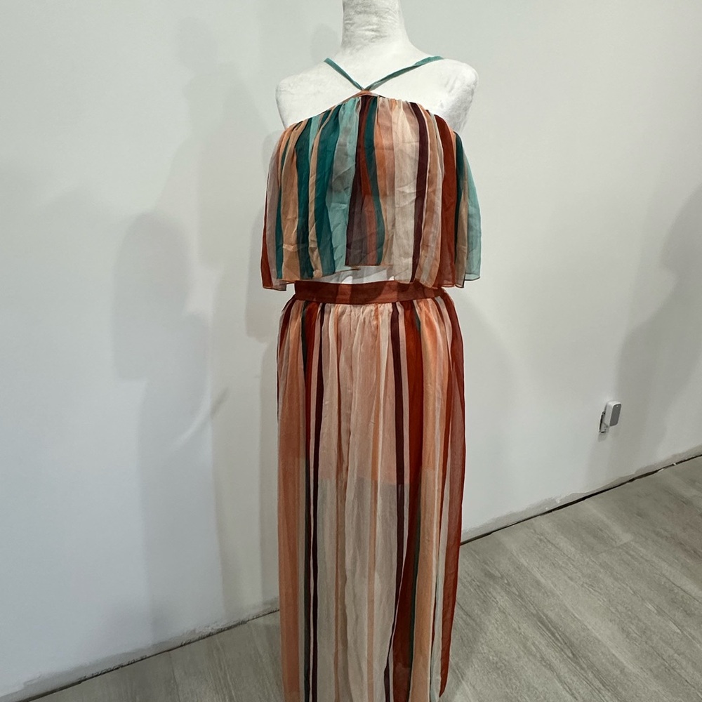 Striped Sheer two piece Maxi Dress in Teal, Rust & Cream